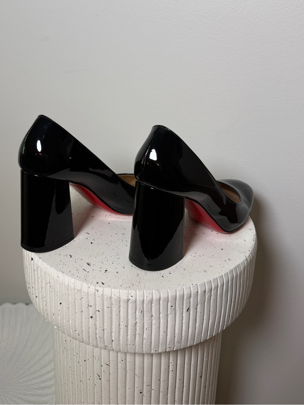 Christian Louboutin Black Patent Round Toe Block Heel Pumps with Red Sole - Picture 5 of 9